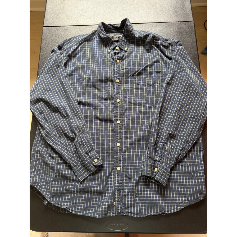 Y2K/VTG Abercrombie & Fitch Mens XL Navy Blue Green Plaid Button Down Shirt Logo